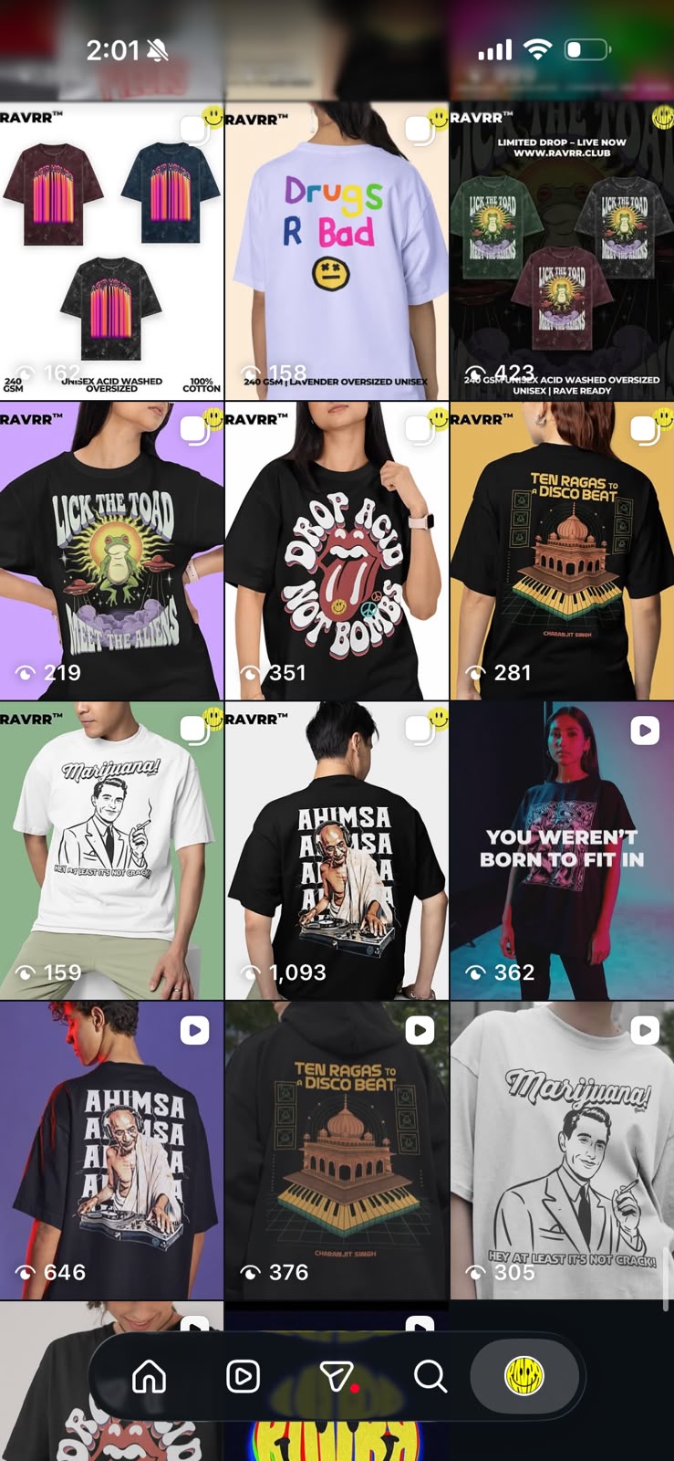 Old merchandise-led RAVRR Instagram grid